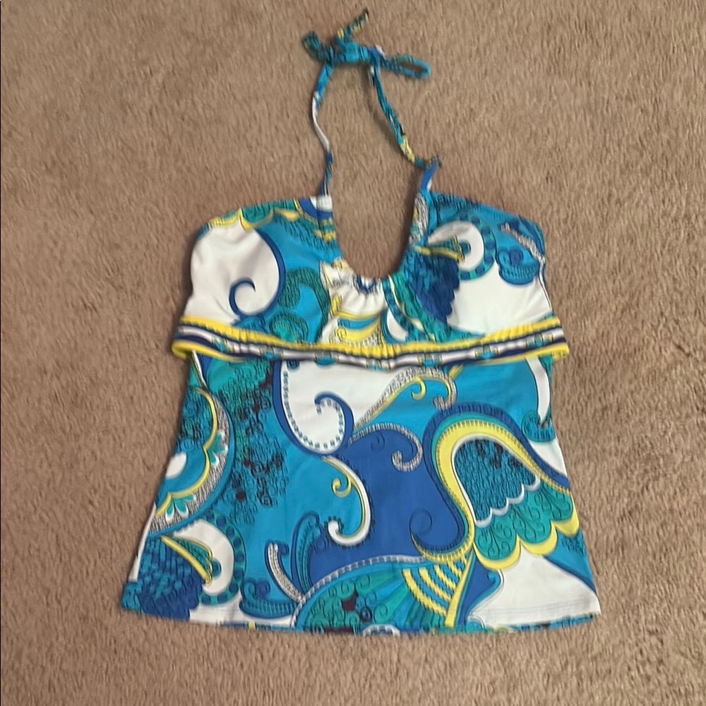 Trina Turk Blue and White Tie Front Halter Tank Top